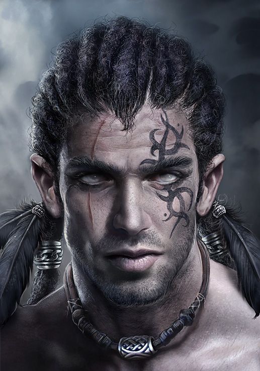 a man with tattoos and feathers on his face