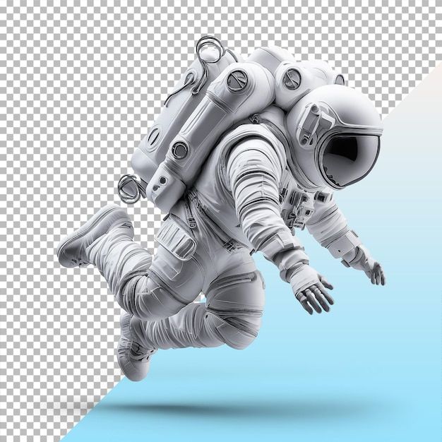 an astronaut floating in the air with his legs spread out and feet extended to the ground