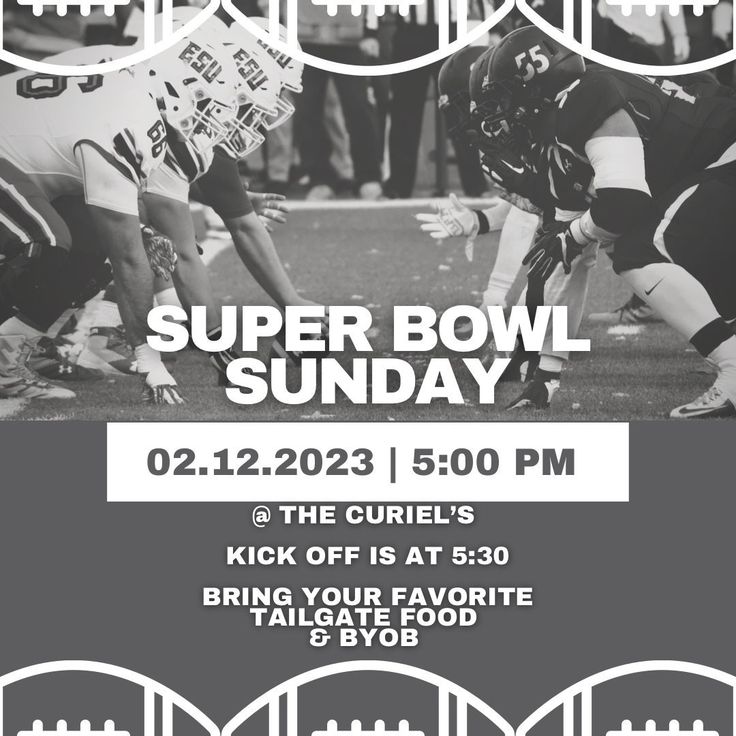 a flyer for a football game with the words super bowl sunday written in black and white