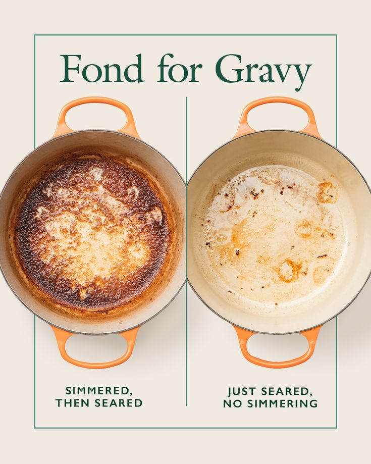 two pans with food cooking in them and the words fond for gravy