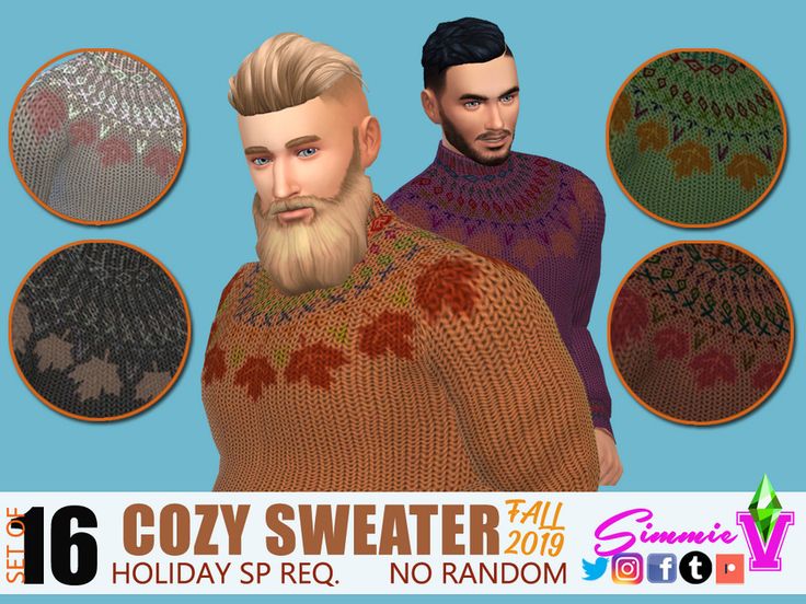 two men wearing sweaters in different colors and sizes, with the caption cozy sweater for