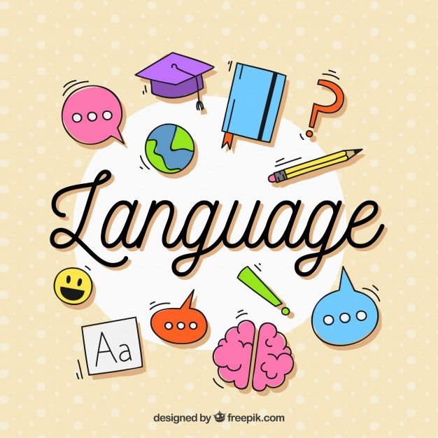 the word language surrounded by different types of items and symbols on a beige dotted background