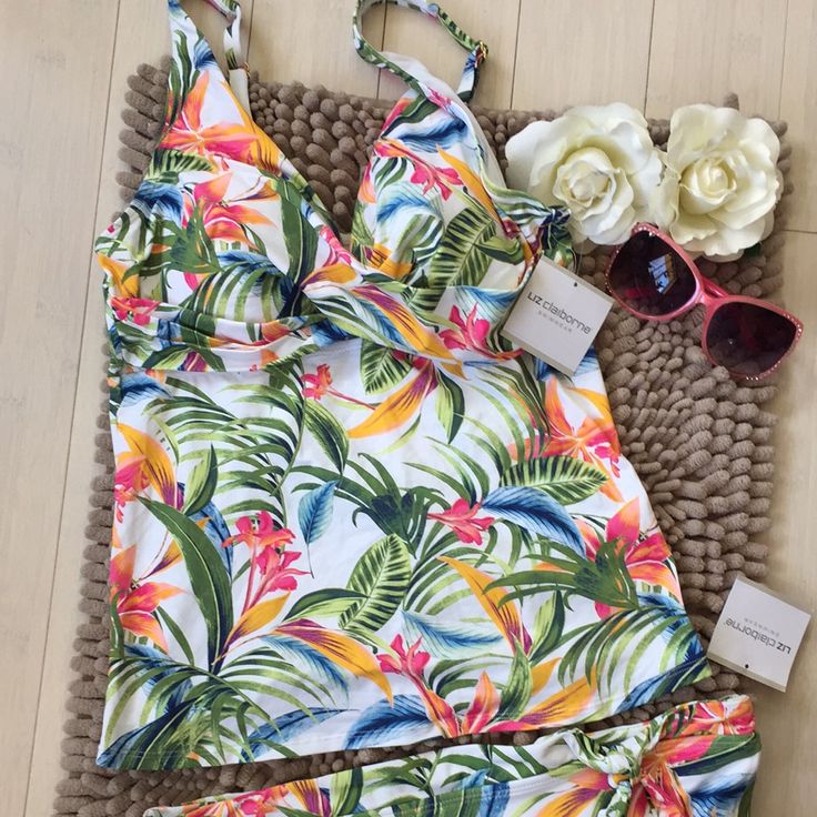 New With Tags Women’s Liz Claiborne Two Piece Swimwear. Size Extra Large. Pattern Is Multi-Tropical. Each Piece Sold For $49. Top Has Built-In Cups With Adjustable Straps On Shoulders. Beautiful Tropical Pattern With Lilies And Palm Leaves. Liner Is Still In Place In Bottoms. Cute Tie At Waist. Olive Green, Sage Green, Dark Blue, Light Blue, Purple, Hot Pink, Orange In Colors. Beautiful Pattern, Super Cute Swimsuit! Sage Green Dark, Striped Tankini, Turquoise Top, Floral Tankini, Halter Top Tankini, Green Sage, Floral One Piece, Two Piece Swimwear, Two Piece Swimsuit