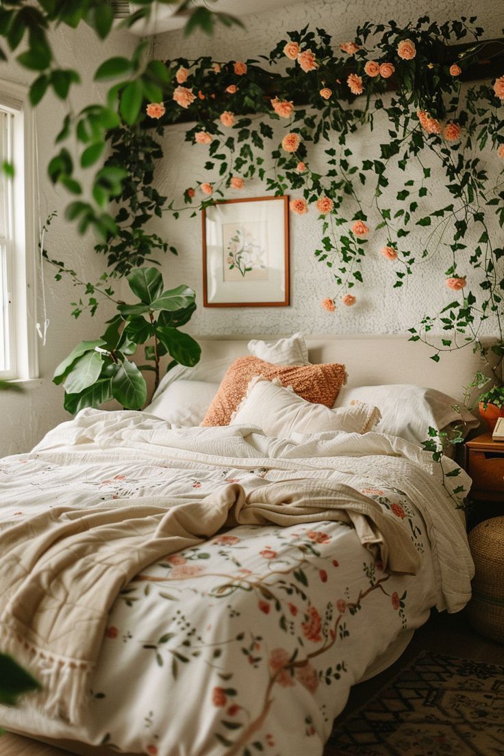 an unmade bed with flowers on the wall and plants growing up to it's headboard