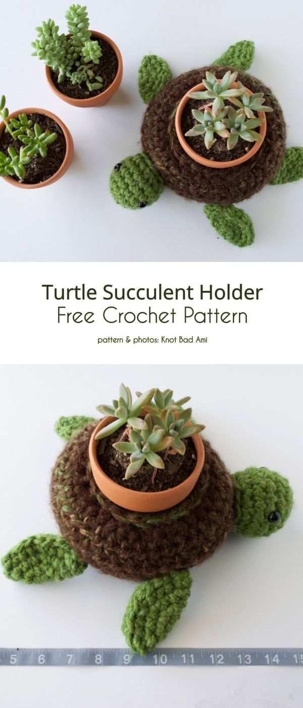 crochet world turtle succulent pot holder free pattern by knot and do it yourself