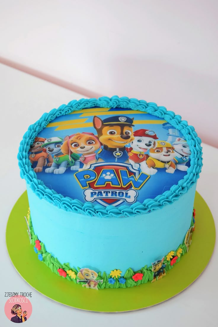 a birthday cake with the characters of paw patrol on it's frosting and blue icing