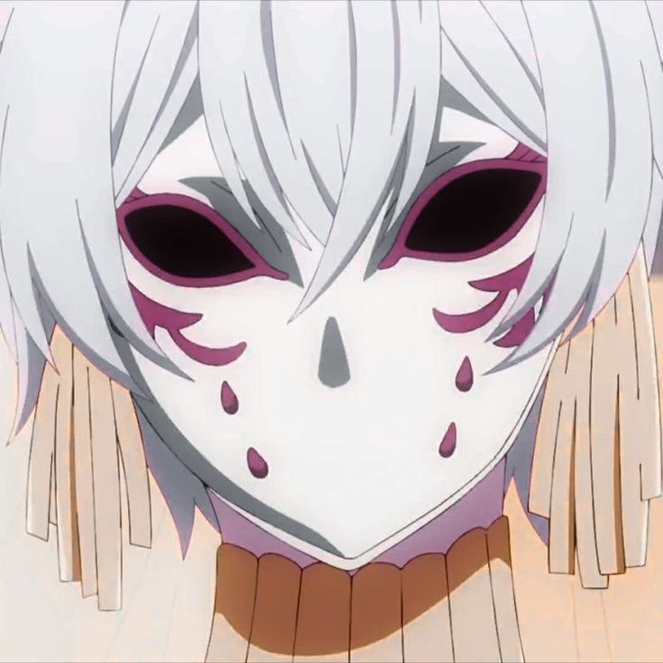 an anime character with white hair and grey eyes, wearing a mask that has blood on it's face