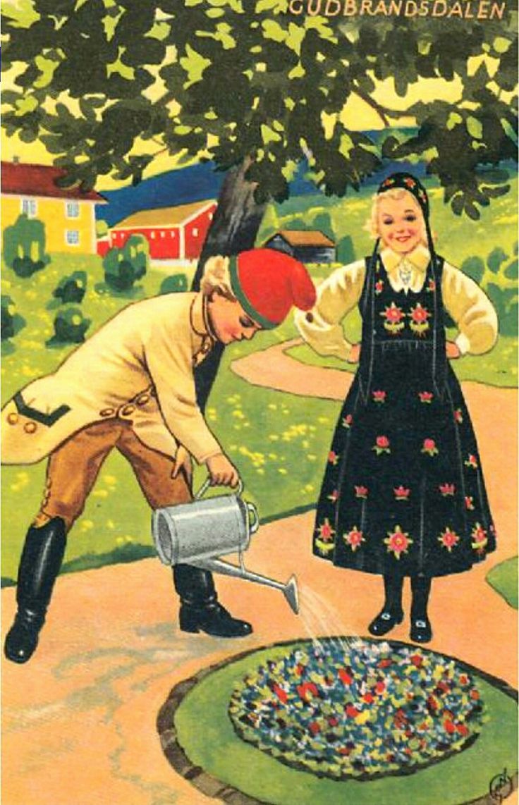 an old postcard shows two children playing in the park, one is pouring water from a watering can