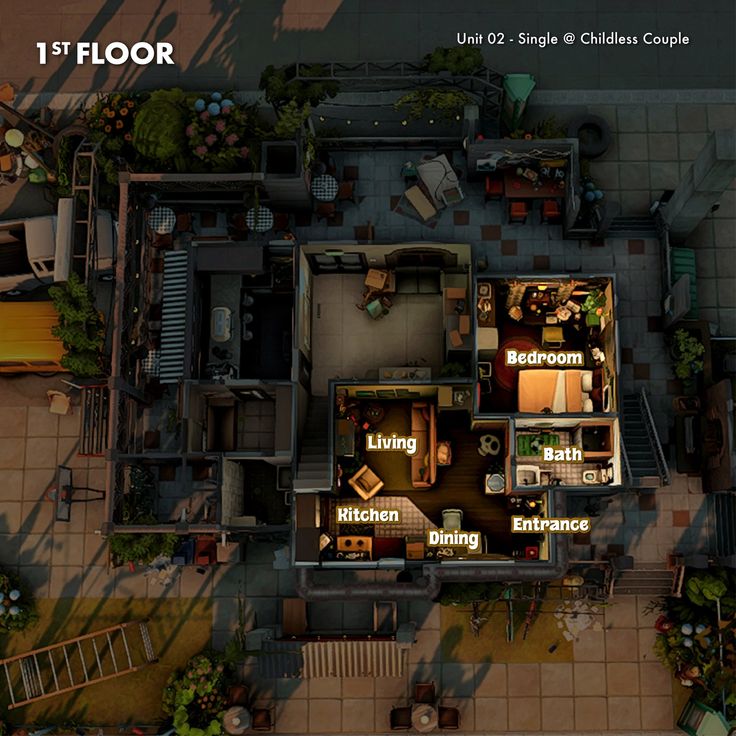 an overhead view of a floor plan for a house with two floors and three rooms