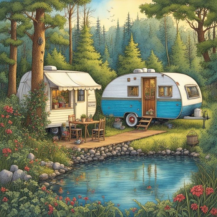 a painting of an rv parked next to a lake in the woods with flowers and trees around it