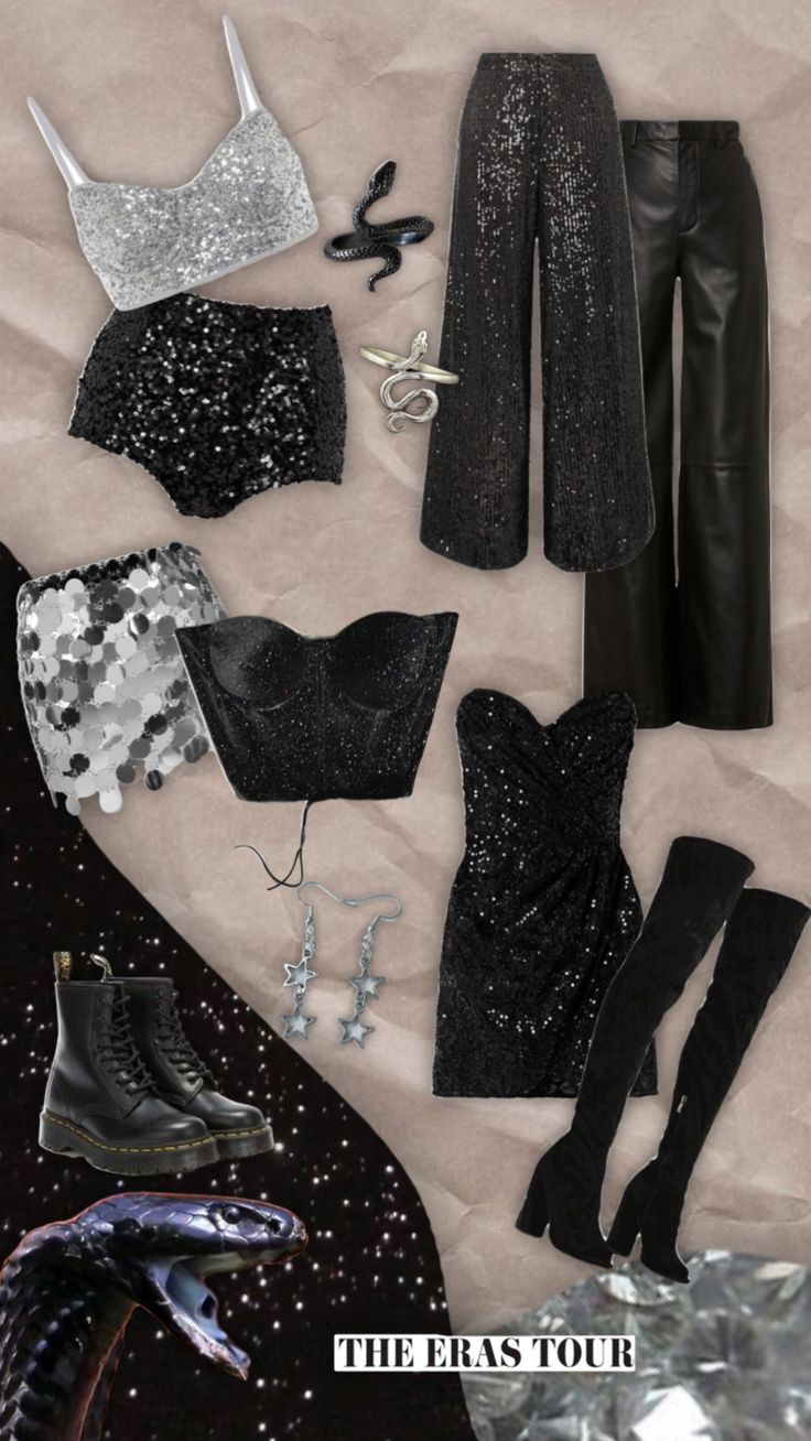 an assortment of black and silver items including boots, bras, pants and shoes