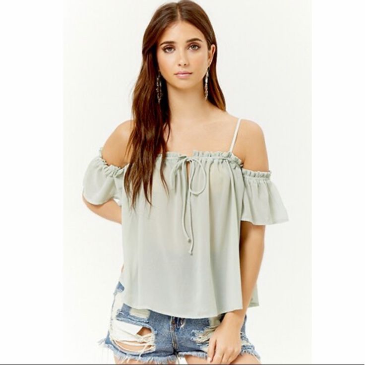 Open-Shoulder Ruffle Blouse Beautiful Sheer Material Chroma Tale Brand For Forever 21 Color: Sage Size Small 100% Polyester Keyhole Loop With String Tie Adjustable Spaghetti Straps Brand New With Original Tag Sweaters Short, Strappy Crop Top, Backless Bodysuit, Women White Blouse, Short Sleeve Jacket, Ruffle Sleeve Blouse, Loose Fitting Tops, Plus Size Top, Sheer Top