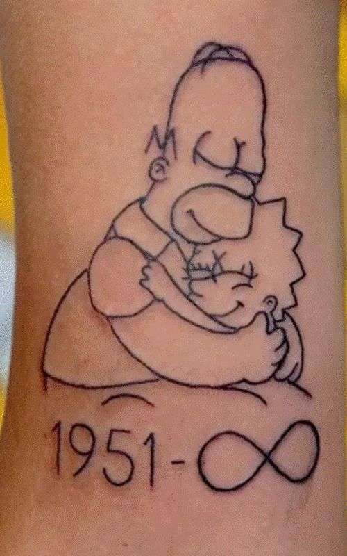 the simpsons tattoo is shown on the leg of a person with an infinite sign in front of them