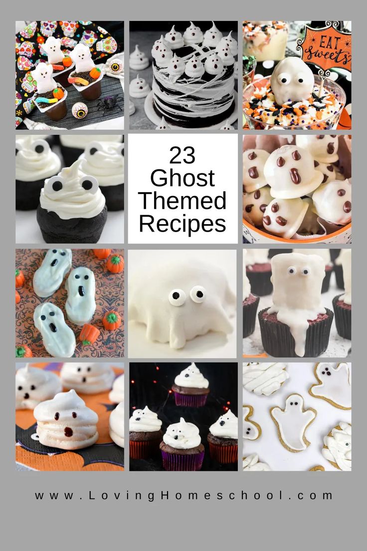 there are many halloween themed treats in this collage with the words, 23 ghost themed recipes