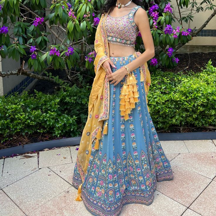 Beautiful Powder Blue And Yellow Lahenga Choli. Worn Once. Perfect Condition. (Have Half Sleeves If Some One Want With Sleeves) Blue Long Skirt Dress For Wedding, Blue Fitted Skirt Set For Wedding, Blue Long Skirt Wedding Dress, Blue Fitted Traditional Skirt Set, Traditional Blue Skirt Set For Wedding, Traditional Blue Long Skirt Dress, Fitted Blue Skirt Set For Festive Occasions, Festive Fitted Blue Skirt Set, Festive Blue Wedding Skirt