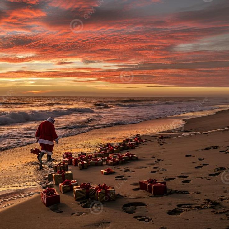 a man is walking on the beach with many wrapped presents under an orange and pink sky