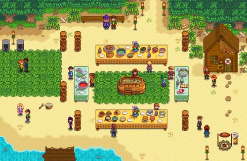 an image of a beach resort with people on the sand and various food items displayed