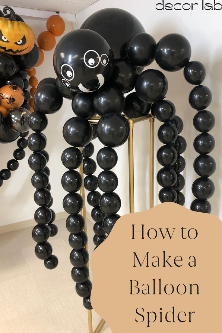 black balloon spider sculpture with text overlay how to make a balloon spider for halloween