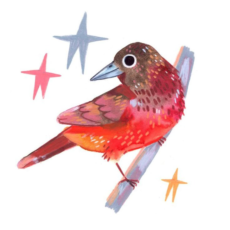 a colorful bird sitting on top of a tree branch with stars in the sky behind it