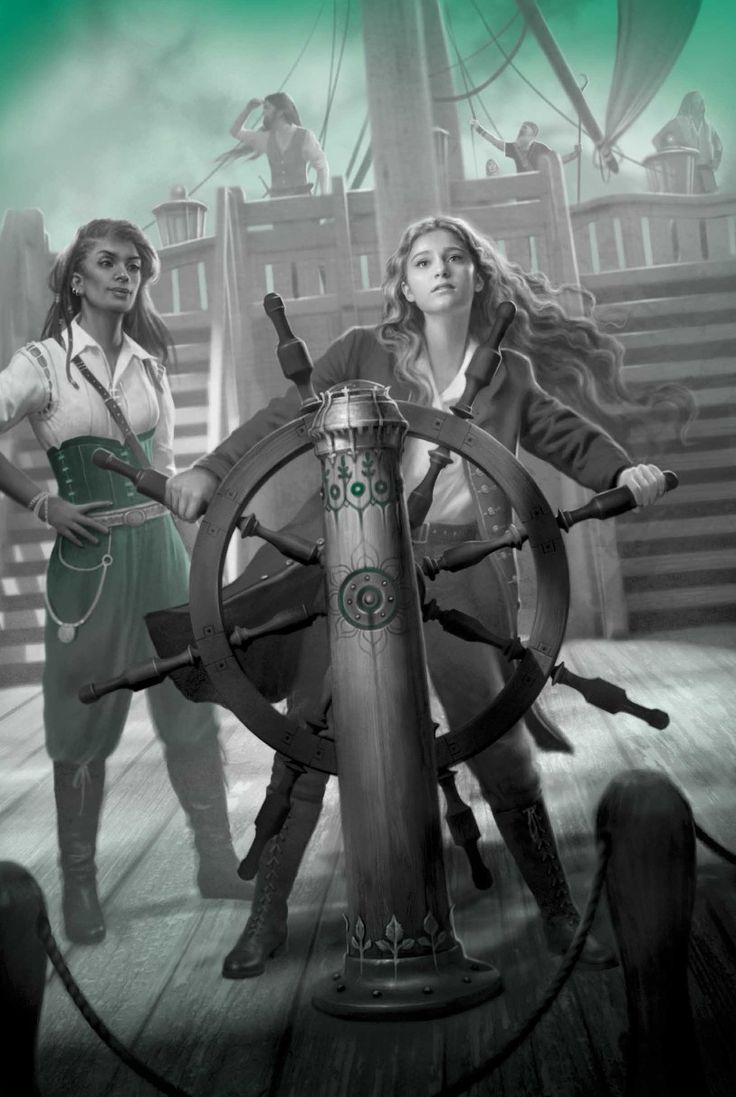 two women are standing on the deck of a ship and one is holding a steering wheel