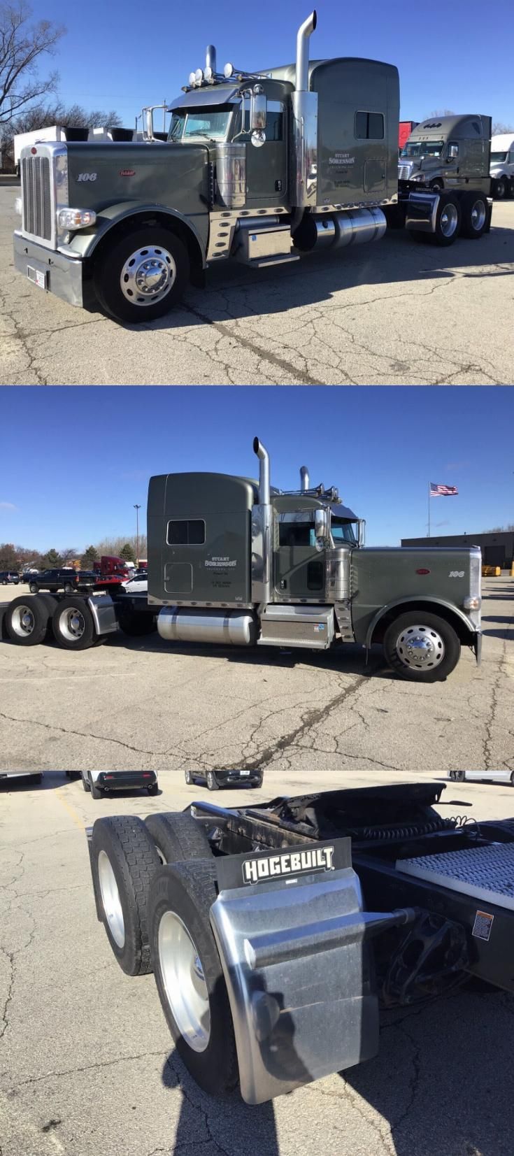 two pictures of the front and back of a large semi - truck with flatbeds