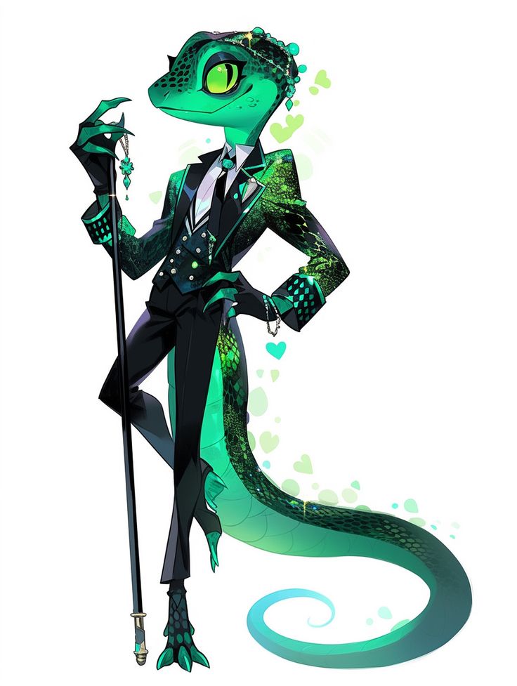 a green lizard dressed in a suit and holding a cane while standing next to a white background