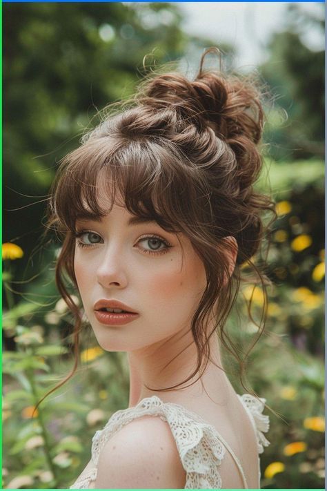 Short Hair Bangs Wedding Hairstyle, Side Bangs Wedding Hair, Puffy Bangs Hair, Semi Formal Hairstyles With Bangs, Bridal Hair Half Up Bangs, Medium Length Formal Hairstyles With Bangs, Updo With Curly Bangs, Wedding Hairstyles Up Do, Ethereal Short Hair