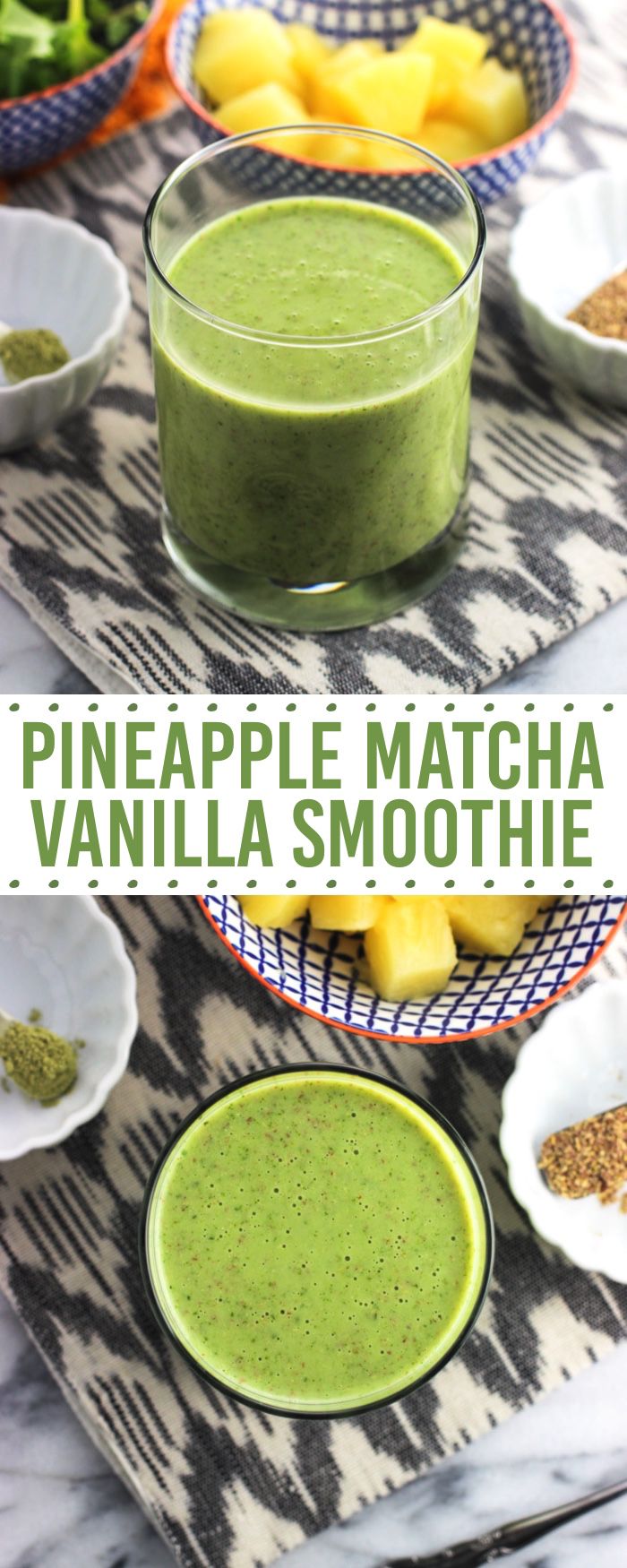 pineapple matcha vanilla smoothie in bowls on a table with other fruits and vegetables