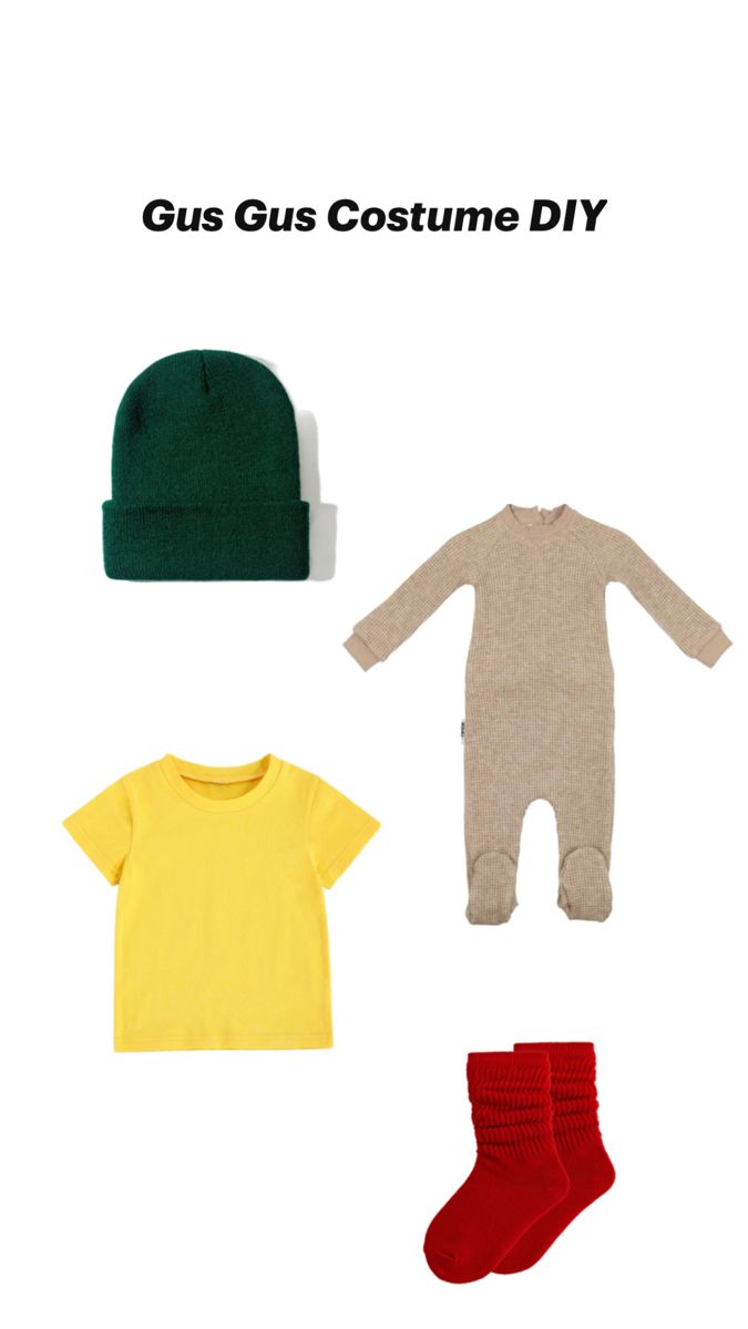 three baby clothes and one hat are shown in different colors, including yellow, green, red