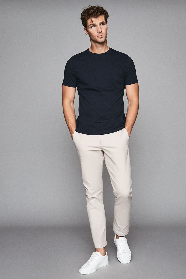 A style classic in a soft cotton fabrication, the Bless regular-fit crew-neck T-shirt in navy is sure to become an integral part of your weekend wardrobe. Wear it with chinos and sneakers for an effortless off-duty look. Machine washable. 100% Cotton. Chinos Men Outfit, Mens Smart Casual Outfits, Smart Casual Menswear, Mens Business Casual Outfits, Shirt Outfit Men, Mens Summer Outfits, Mens Casual Outfits Summer, Smart Casual Men, Stylish Men Casual