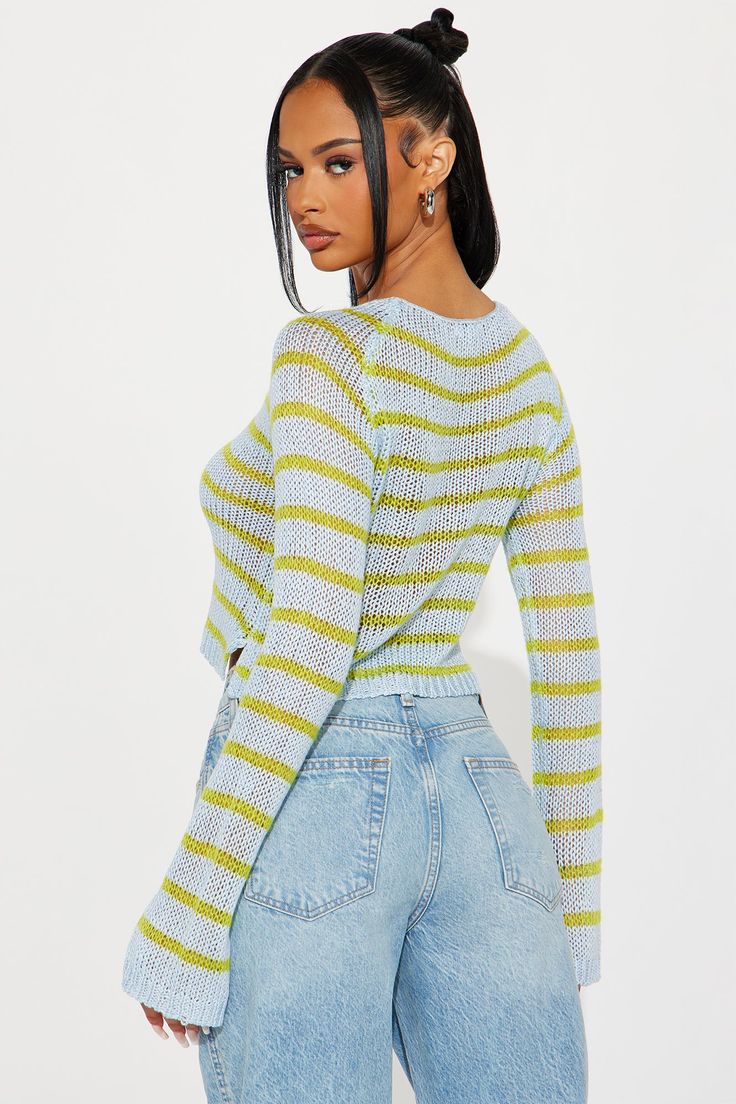 Available In Blue/combo. Pullover Sweater Long Sleeve Crew Neck Striped Cropped Ribbed Hem Disclaimer: Stripe Placement May Vary. 100% Acrylic Imported | Feeling Lucky Striped Sweater in Blue size XS by Fashion Nova Trendy Blue Cropped Sweater For Spring, Casual Open Knit Cropped Sweater For Spring, Blue Pointelle Knit Crew Neck Sweater, Blue Relaxed Fit Knit Top For Fall, Trendy Blue Cropped Sweater, Spring Open Knit Cropped Sweater With Crew Neck, Fitted Blue Open Knit Cardigan, Casual Light Blue Pointelle Knit Sweater, Trendy Light Blue Knit Top For Spring