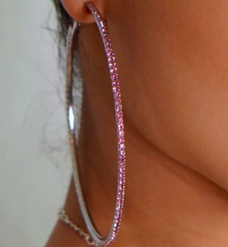 Stunning pink rhinestones hoops. Everyone will jump through hoops to know where you got these from.  9cm sliver plated Cheap Small Hoop Pink Jewelry, Luxury Small Pink Hoop Earrings, Pink Hoop Metal Jewelry, Pink Beaded Hoop Earrings For Party, Big Hoop Earrings Aesthetic, Pink Hoop Earrings, Hoop Earrings Aesthetic, Sparkle Hoop Earrings, Pink Paradise