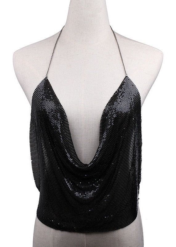 Embrace effortless elegance with our stunning metallic halter top. Featuring a lux draped collar and an alluring backless crop design, this one-of-a-kind piece will instantly elevate any ensemble. Perfect for making an impression, this top exudes an air of sophistication and exclusivity. Material: Alloy Shape: drop shape Extension chain 10 cm or less Perimeter 51 cm (inclusive) -80 cm (inclusive) Party Backless Halter Top With Built-in Bra, Evening Backless Top With Built-in Bra, Elegant Evening Halter Top With Built-in Bra, Chic Evening Halter Top With Triangle Shape, Chic Triangle Halter Top For Evening, Sequin Halter Top For Evening Wear, Stretch Halter Top With Built-in Bra For Party, Chic Party Tops With Cowl Back, Chic Cowl Back Party Tops