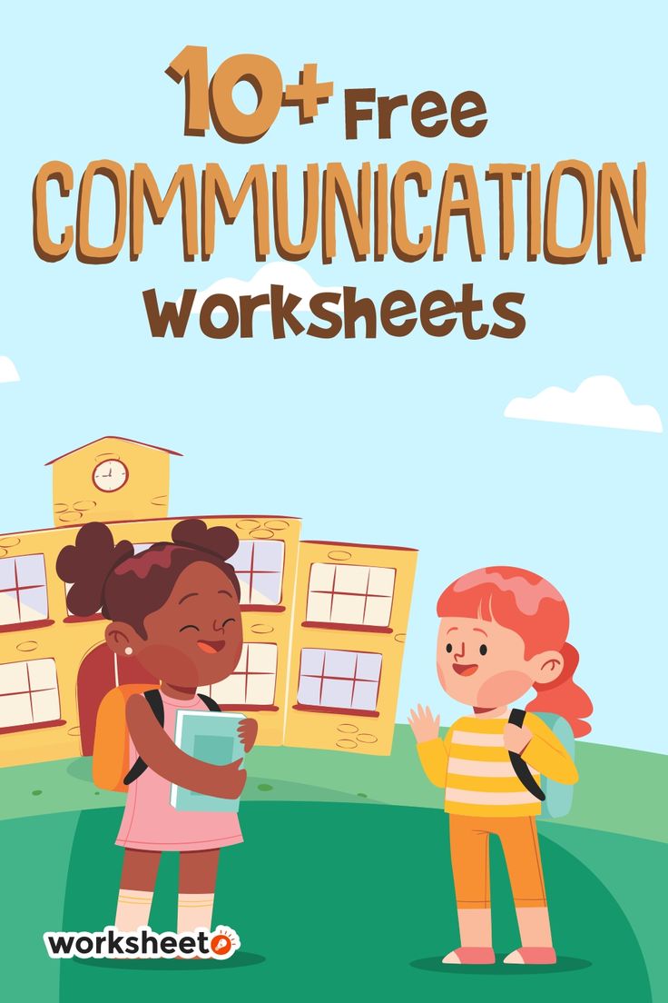 two children standing in front of a building with the words 10 + free communication worksheets