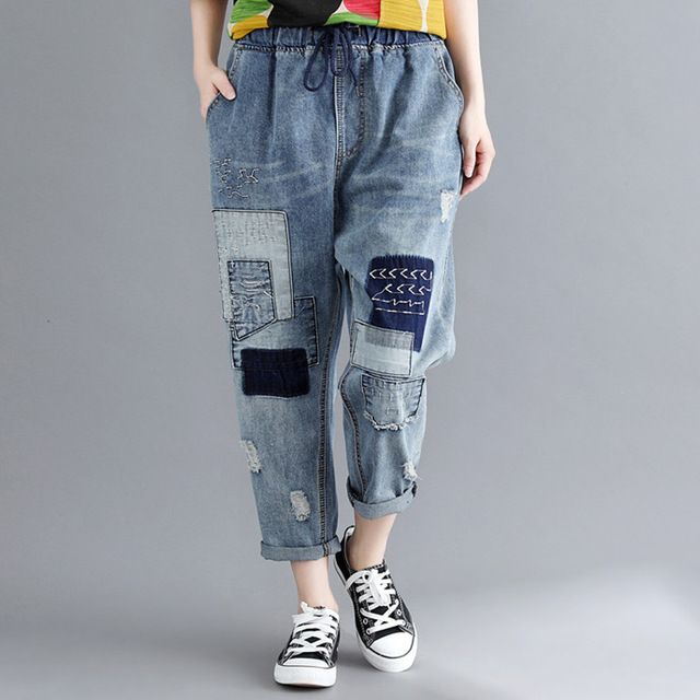 Patchwork Denim Pants 2020 Summer New Elastic Waist Hole Tie Casual Ankle-Length Women Vintage Jeans Pants L0047 Casual Patchwork Denim Blue Bottoms, Casual Denim Blue Patchwork Bottoms, Casual Wide Leg Patchwork Pants, Spring Patchwork Ankle-length Pants, Non-stretch Denim Patchwork Pants, Non-stretch Denim Blue Patchwork Bottoms, Non-stretch Patchwork Denim Pants, Casual Patchwork Bottoms With Relaxed Fit, Medium Wash Patchwork Pants For Spring