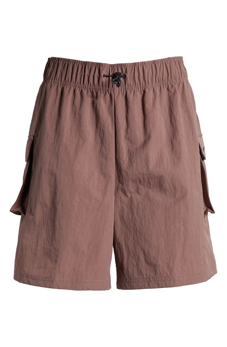 These high-waisted shorts are made from a soft, smooth woven fabric with a roomy fit, making them perfect for workouts and casual wear. Cargo pockets allow for secure storage of your small essentials. 4 1/2" inseam; 28" leg opening; 13" front rise; 17" back rise (size Medium) Drawcord-toggle waist 100% nylon Machine wash, tumble dry Imported