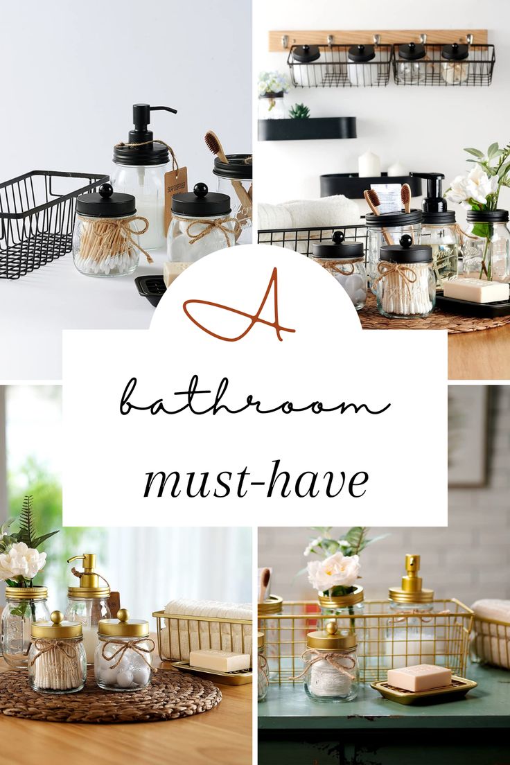 bathroom must have baskets, soap dispensers and toothbrushes