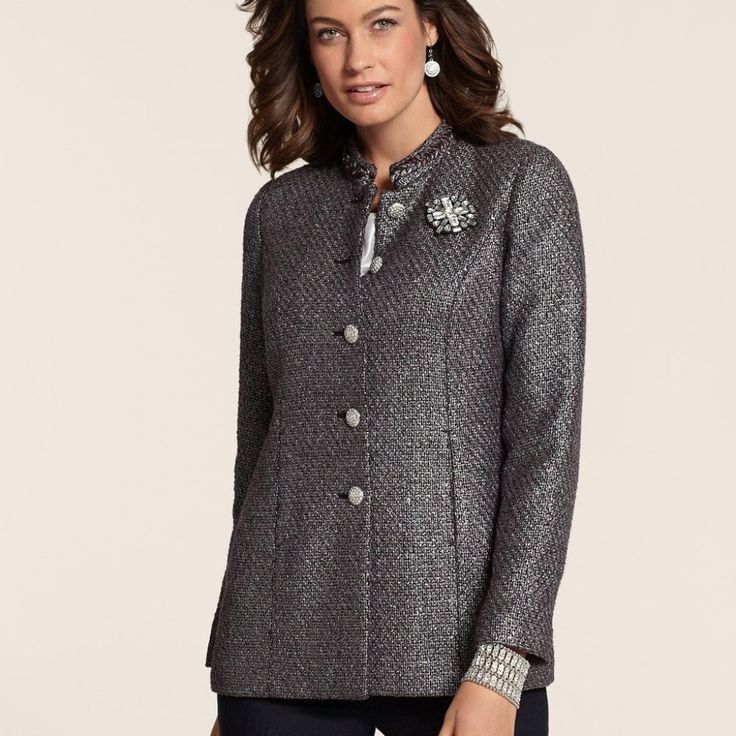 Chico's Metallic Tweed Silver Polyester Cotton Jacket Size: 1 The Longer Tweed Jacket With Metallic Shine For Modern Appeal. Taking Sophistication To Chic New Heights. Shoulder 17" Bust 21" Length 27" Hand Pockets. Subtle Shoulder Pads. Length: 28" To 29". 84% Polyester, 8% Cotton, 4% Rayon, 4% Nylon. Hand Wash. Imported. Elegant Tweed Outerwear With Button Closure, Elegant Silver Blazer For Workwear, Elegant Silver Blazer For Work, Silver Winter Formal Blazer, Silver Formal Blazer For Winter, Elegant Fitted Silver Outerwear, Elegant Silver Winter Blazer, Silver Long Sleeve Outerwear For Fall, Silver Blazer For Fall Workwear