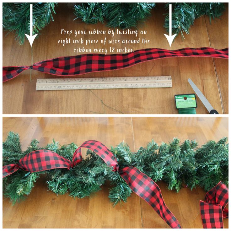 the ribbon is being used to make a christmas garland with pine needles and plaid fabric