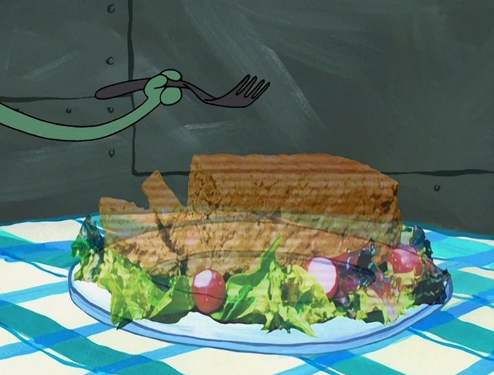 a painting of a sandwich on a plate with a fork sticking out of the top