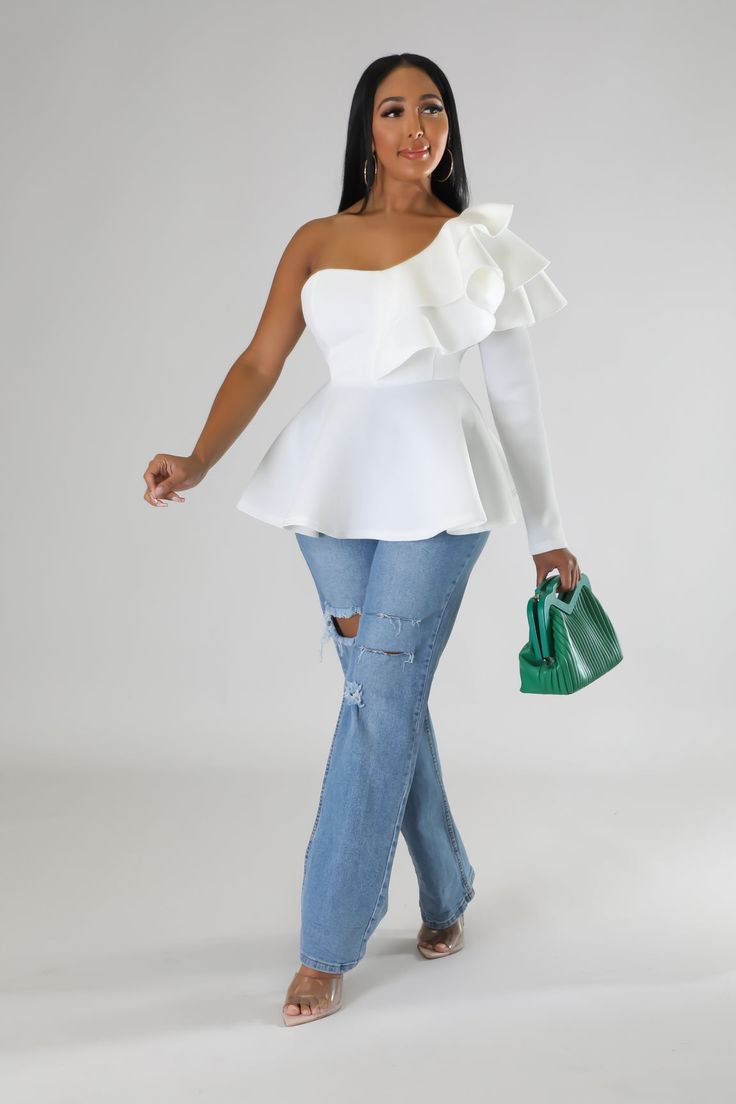 Be the center of attention in this exquisite off white one shoulder ruffle blouse. Its stunning one-shoulder design features a textured fabric with an all-over ruffle pattern, while its loose fit ensures a comfortable and stylish look on any occasion. Long Sleeve One shoulder Solid color Scuba Fabric Ruffle Zipper on the side Ruffle Pattern, Long Pant Jumpsuit, Early Fall Outfits, Lace Jumpsuit, Long Dress Casual, Current Fashion Trends, Sleeveless Floral Dress, Long Jumpsuits, Floral Print Blouses