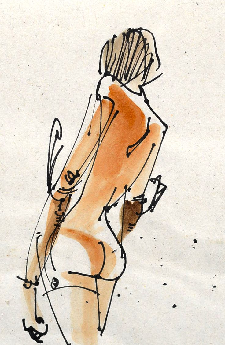 a drawing of a nude woman with her back turned to the camera, in brown and black ink