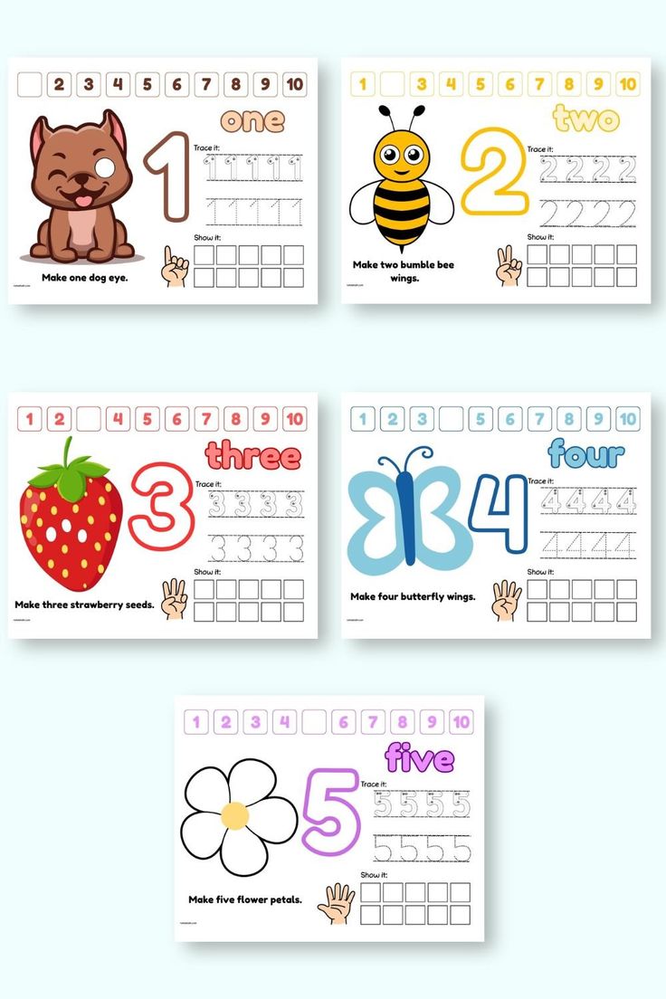 four calendars with animals and numbers for each child's day, including the number one