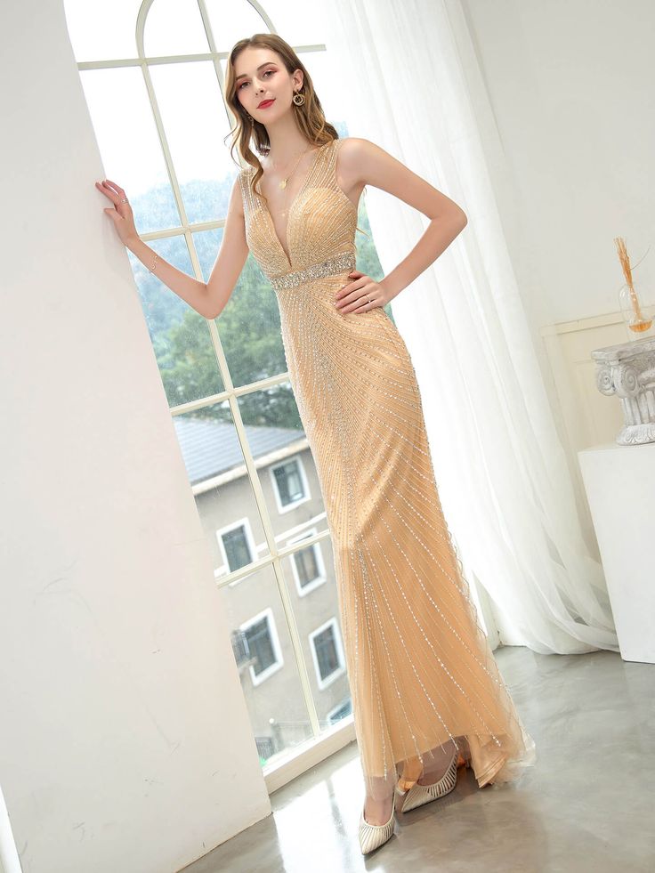 NumberSea - Numbersea Mermaid / Trumpet V - neck Beaded Luxurious Sexy Formal Evening Dresses Sleeveless Floor Length Prom Dresses Glamorous V-neck Sleeveless Prom Dress, Elegant V-neck Evening Dress With Rhinestones For Prom, V-neck Rhinestone Dress For Prom Season, Embellished V-neck Mermaid Dress For Party, Sleeveless Sequin Dress With Rhinestones For Gala, Sleeveless Gown With Beaded Straps For Prom Season, Embellished V-neck Mermaid Wedding Dress, Sleeveless Evening Dress With Beaded Straps For Prom, Sleeveless Sequin Prom Dress With Rhinestones