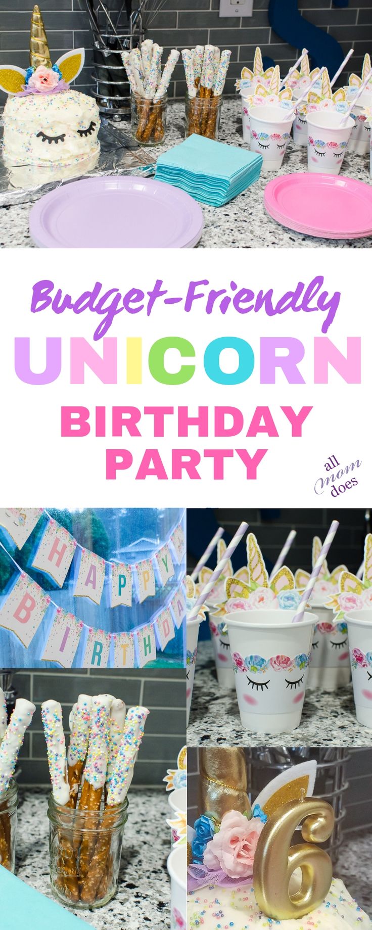 unicorn themed birthday party with cupcakes and cake