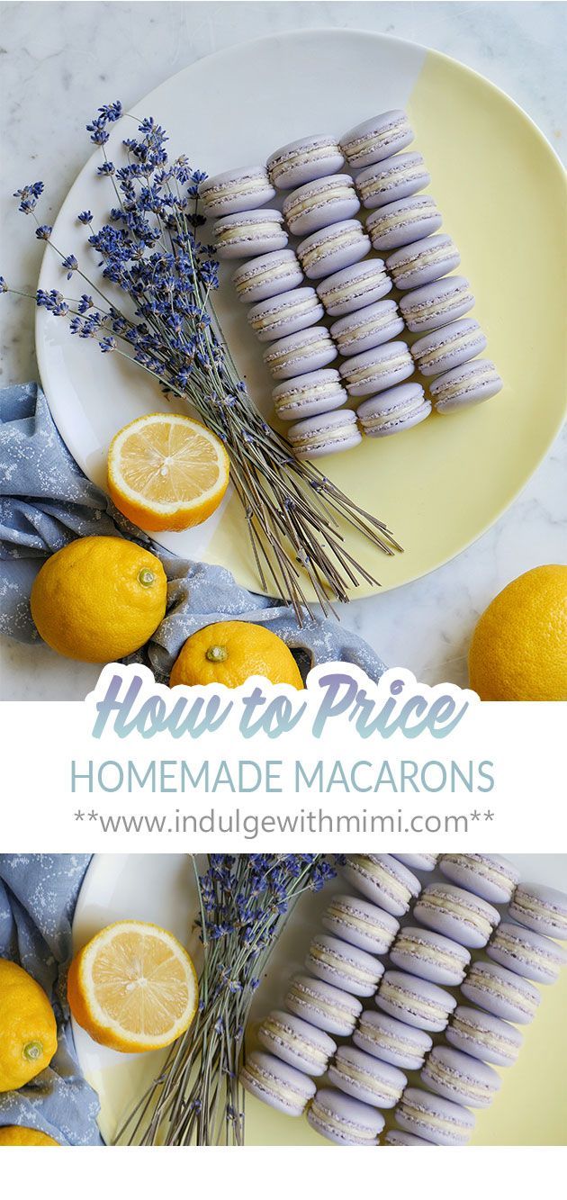 two plates with lemons and lavender sprinkled macarons on them, next to the words how to price homemade macaroons