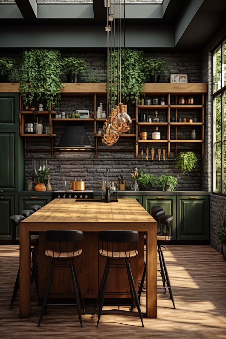 an image of a kitchen setting with wooden table and black chairs in the center, surrounded by greenery