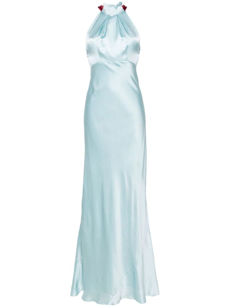 Saloni | pleated-neck Seersucker Gown | Blue | FARFETCH Pleated Neck, Gown Blue, Wardrobe Edit, Yoko London, Exclusive Fashion, Ballet Flat Shoes, Ski Wear, Lady Dior, Jacket Tops