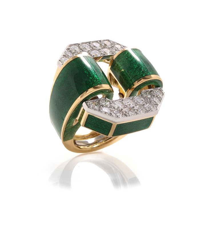 Add a vibrant statement ring to your collection. This colorful variation on the David Webb Tire Ring features platinum-set diamonds, green enamel, and 18K gold. Art Deco Enamel Rings For Formal Occasions, Luxury Enamel Ring With Polished Finish, Luxury Enamel Jewelry With Diamond Accents, Fine Jewelry Enamel With Diamond Accents, White Gold Enamel Rings With Polished Finish, Elegant Jewelry With Single Cut Diamonds And Enamel, Yellow Gold Rings With Diamond Accents And Enamel, Enamel Jewelry With Diamond Accents, Elegant Enamel Diamond Ring With Brilliant Cut