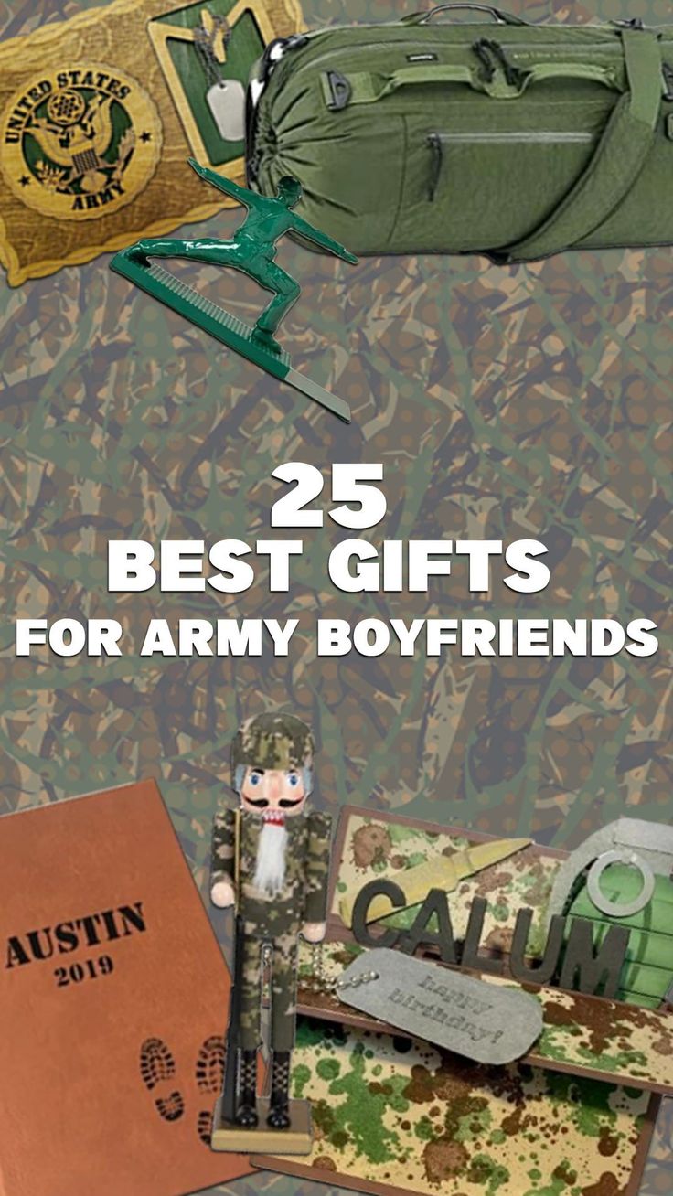 the 25 best gifts for army boyfriends are on display in front of camouflage background